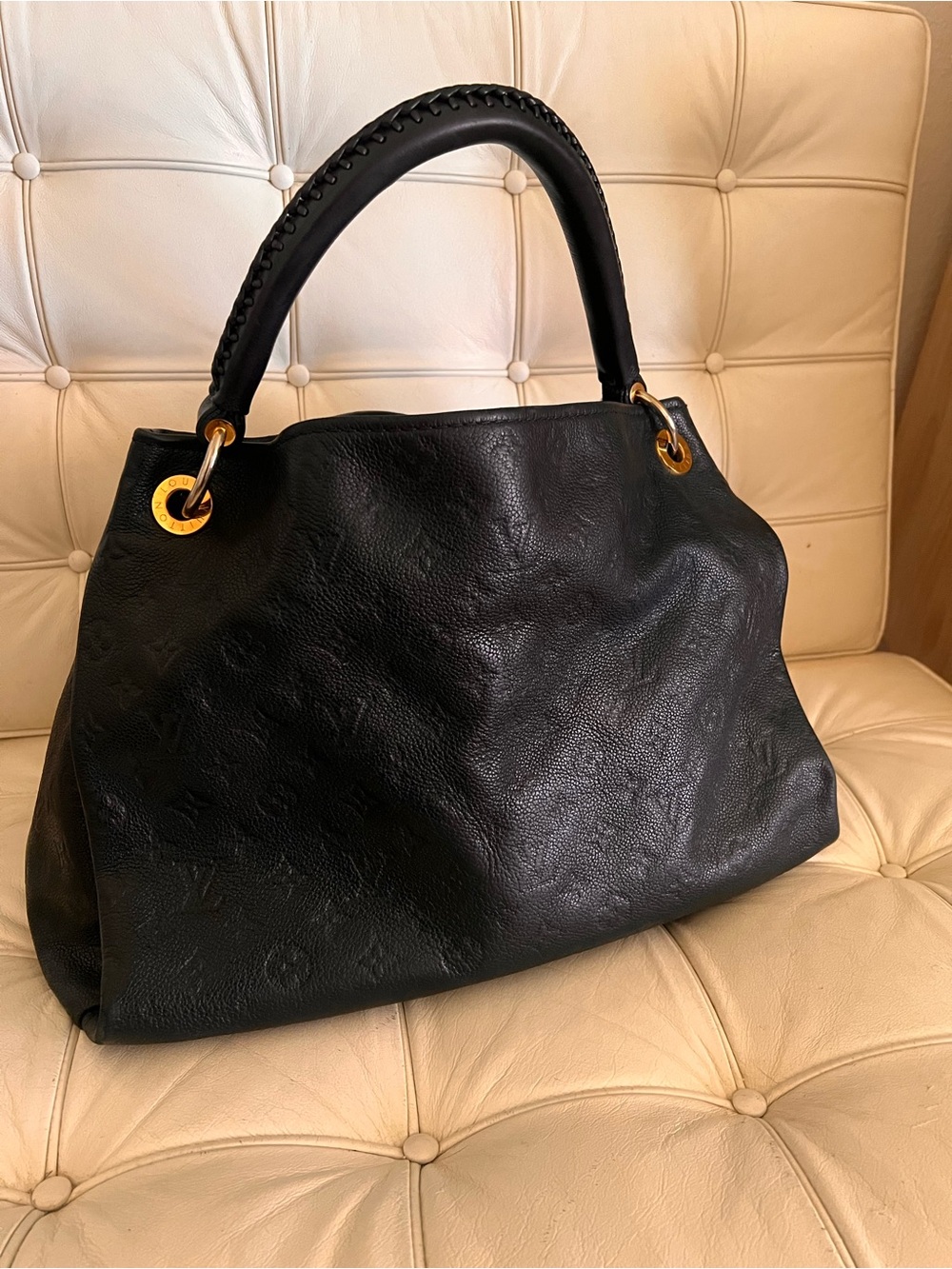 Louis Vuitton Black Embossed Leather Shoulder Bag with Gold Hardware